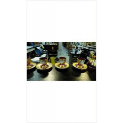 SERVICE À CAFE 13 PIÈCES EN VERRE ROUGE  DE  MURANO À DECOR EN DORURE ET FLEURS POLYCHROME XXE