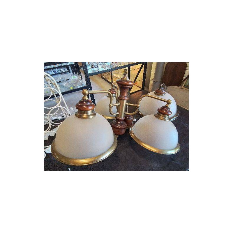 LUSTRE 3 FEUX VERRE OPALESCENT BOIS ET LAITON