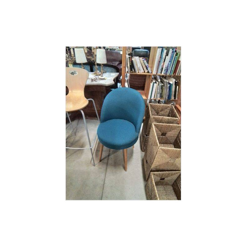 FAUTEUIL ASSISE TISSU BLEU PIÈTEMENT BOIS CLAIR