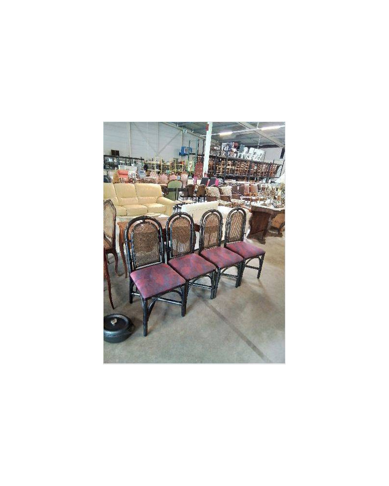 TABLE RONDE ET 4 CHAISES DOSSIER CANNÉ ASSISE TISSU MAUVE BAMBOU ET BOIS