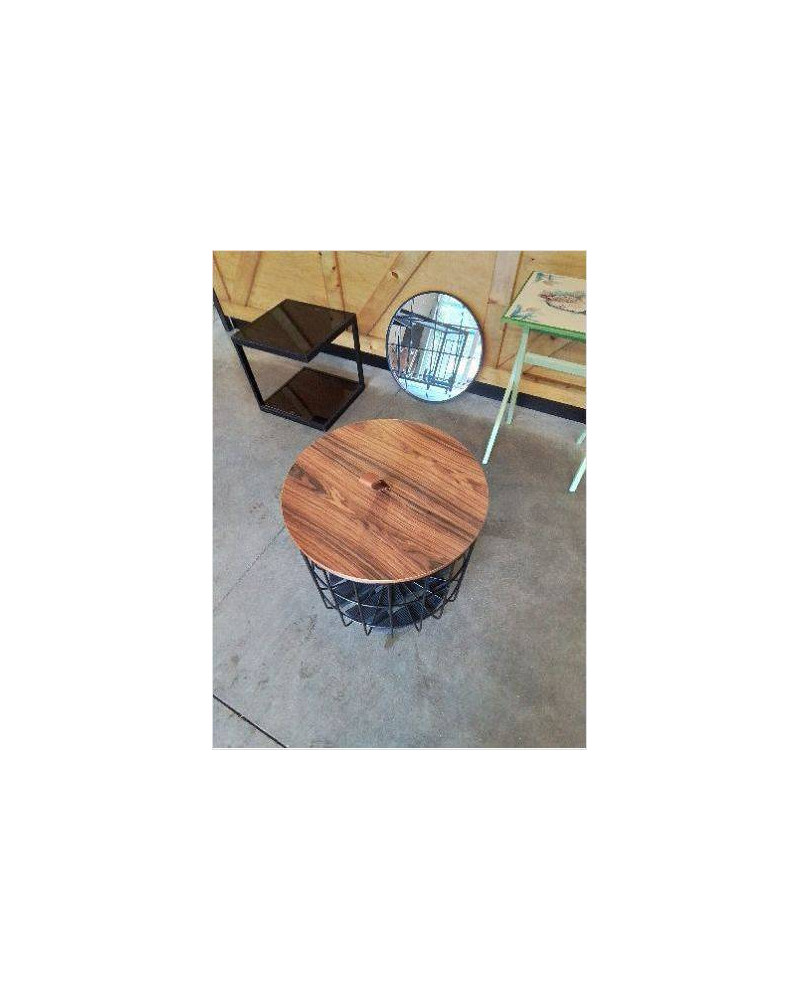 TABLE BASSE RONDE A ROULETTES MÉTAL NOIR PLATEAU BOIS 