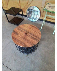 TABLE BASSE RONDE A ROULETTES MÉTAL NOIR PLATEAU BOIS 