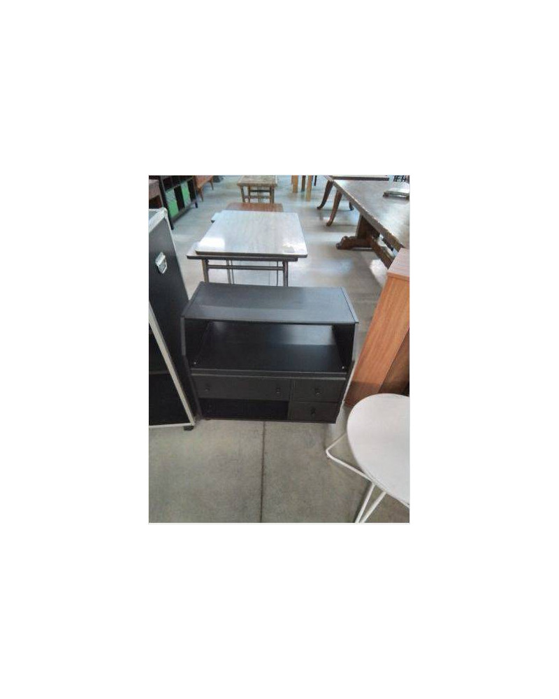 MEUBLE TV A ROULETTES 2 NICHES 3 TIROIRS BOIS NOIR