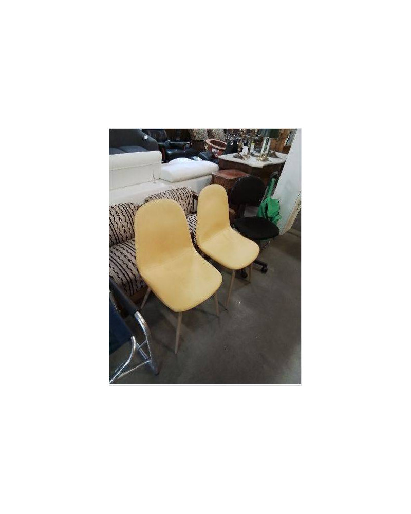 PAIRE DE CHAISES ASSISE TISSU JAUNE PIEDS COMPAS  BOIS CLAIR 