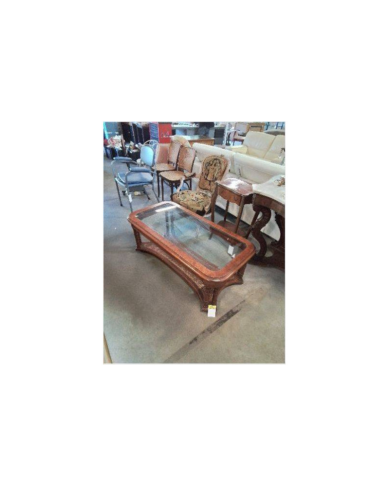 TABLE BASSE RECTANGULAIRE A COLONNES PIÈTEMENT CANNÉ PLATEAU VERRE