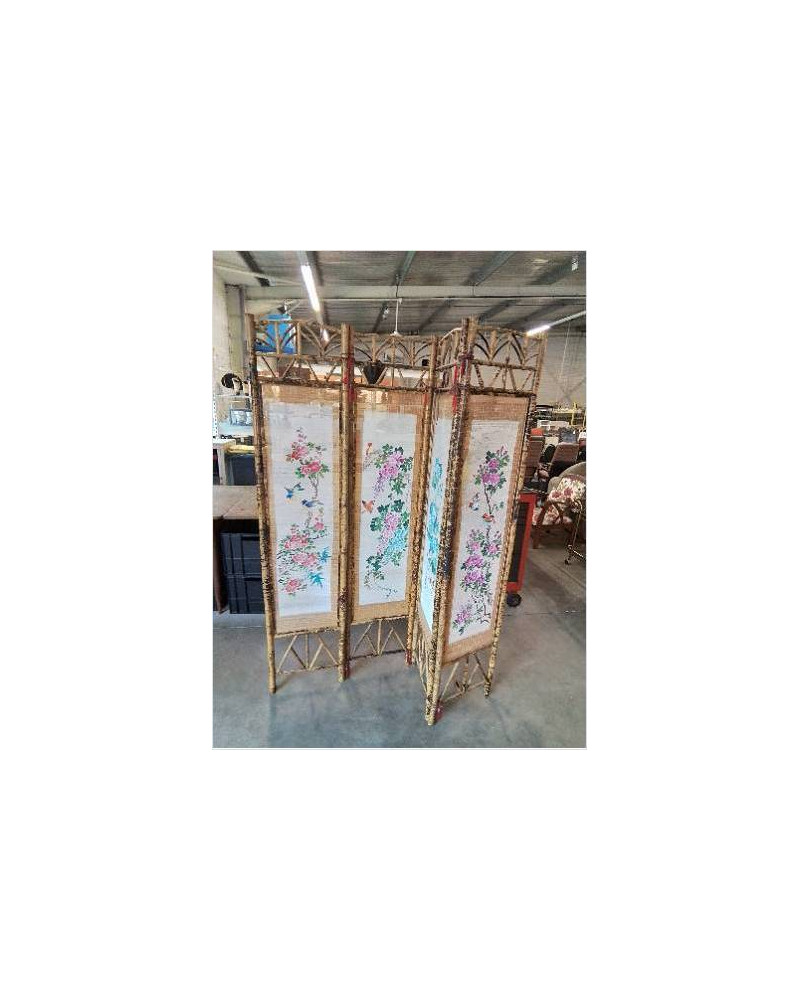 PARAVENT  BAMBOU 4 FEUILLES PEINTURE AUX OISEAUX ET FLEURS SUR PAILLE DE RIZ