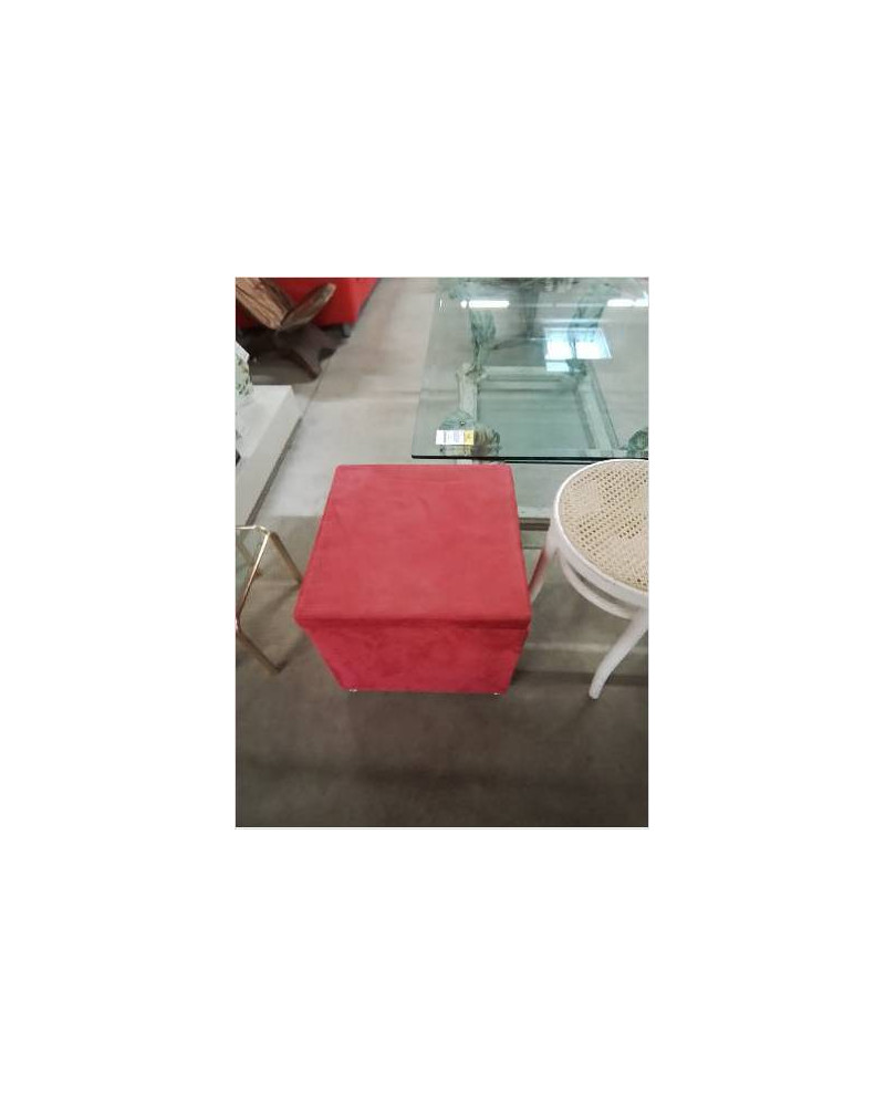 POUF COFFRE CARRÉ TISSU ROUGE PIEDS METAL CHROMÉ 