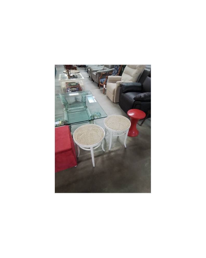 TABOURET ROND PIÈTEMENT BOIS COURBÉ PEINT BLANC ASSISE CANNÉE 