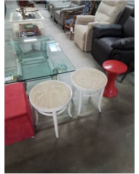 TABOURET ROND PIÈTEMENT BOIS COURBÉ PEINT BLANC ASSISE CANNÉE 