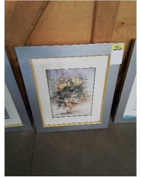 GRAVURE BOUQUET DE FLEURS CADRE PEINT GRIS