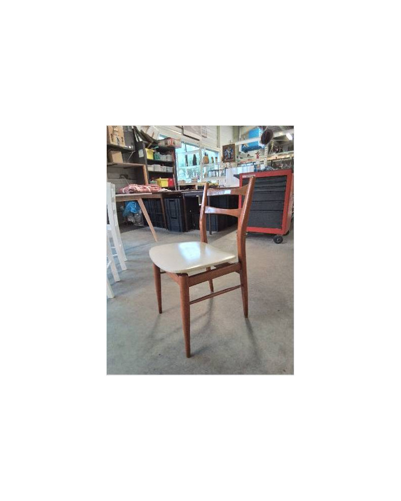 CHAISE SCANDINAVE BOIS CLAIR CAPITONNÉ SKAÏ ECRU ANNÉES 60