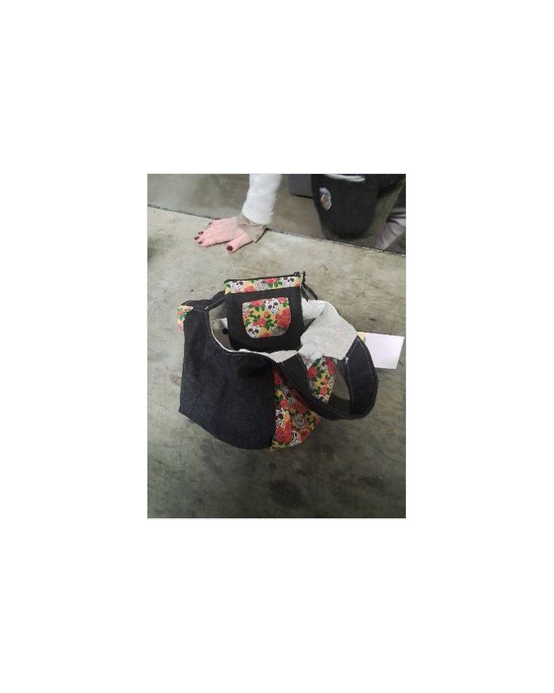 SAC BOULES JEAN NOIR TISSU MULTICOLORE + PORTE MONNAIE 