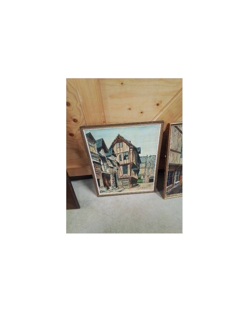 PEINTURE SUR PANNEAU  VILLAGE P.POTDEVIN ANNÉES 60