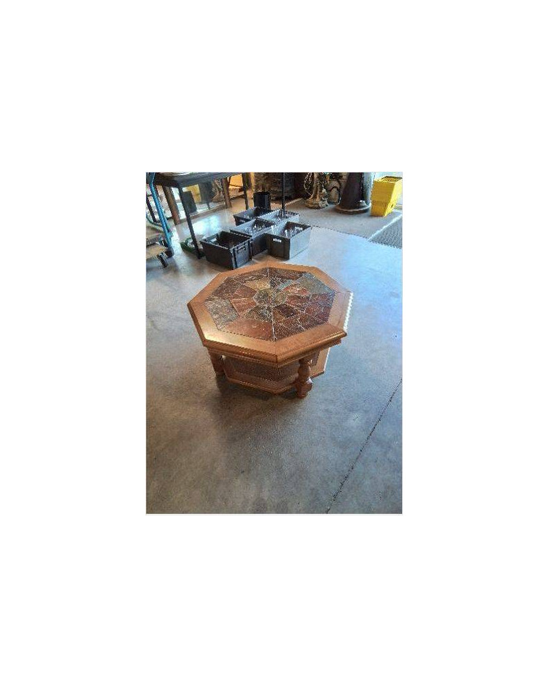 TABLE BASSE OCTOGONAL 2 NIVEAUX BOIS CARRELÉ PIEDS BALUSTRE 