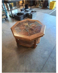 TABLE BASSE OCTOGONAL 2 NIVEAUX BOIS CARRELÉ PIEDS BALUSTRE 