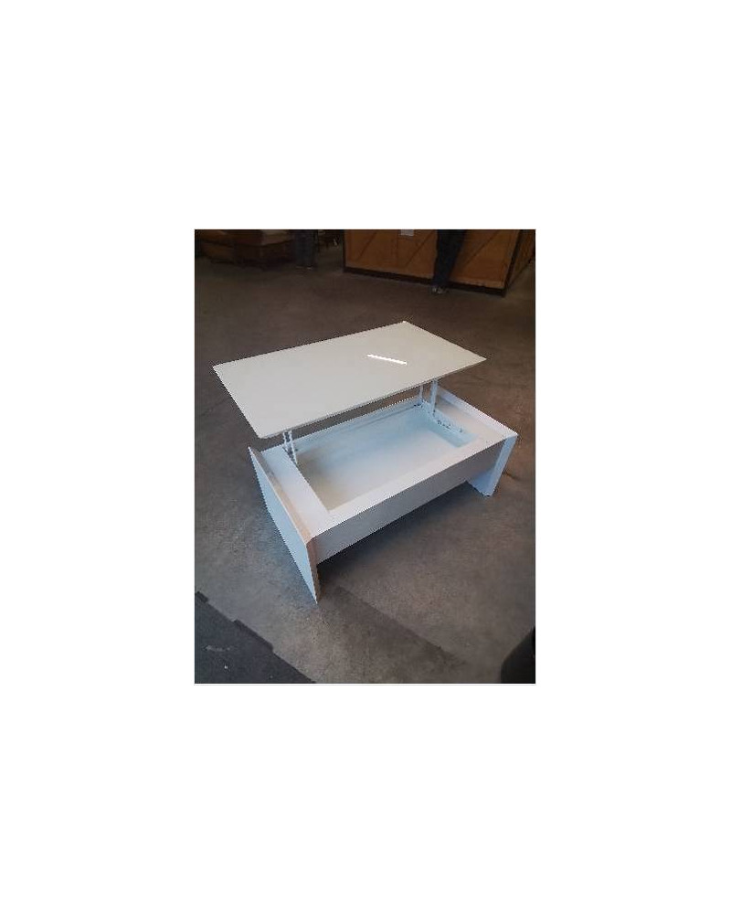 TABLE BASSE COFFRE PLATEAU RELEVABLE BOIS BLANC LAQUÉ DESSUS PLATEAU VERRE BLANC