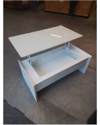 TABLE BASSE COFFRE PLATEAU RELEVABLE BOIS BLANC LAQUÉ DESSUS PLATEAU VERRE BLANC