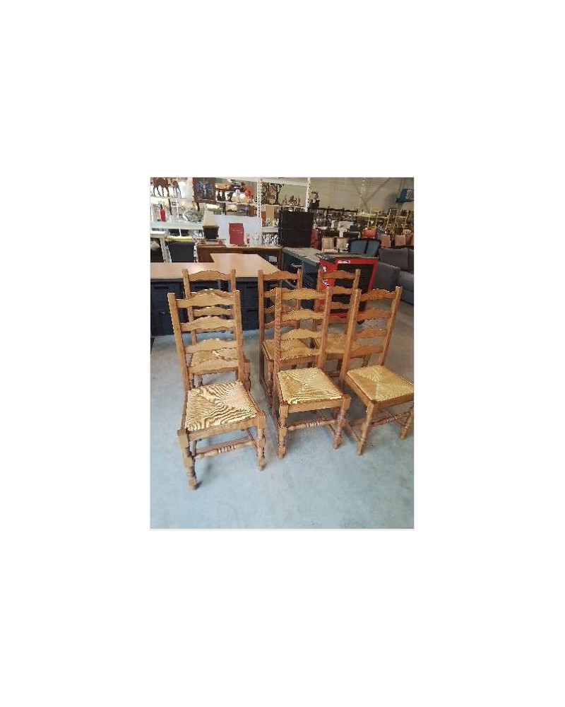 6 CHAISES BOIS CLAIR PAILLÉ A ENTRETOISE PIEDS BALUSTRE DOSSIER 4 BARREAUX 