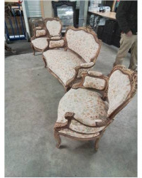 SALON 3 PIÈCES BOIS NATUREL CAPITONNÉ TISSU ECRU FLEURI STYLE LOUIS XV FIN XIXE