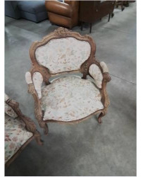 SALON 3 PIÈCES BOIS NATUREL CAPITONNÉ TISSU ECRU FLEURI STYLE LOUIS XV FIN XIXE