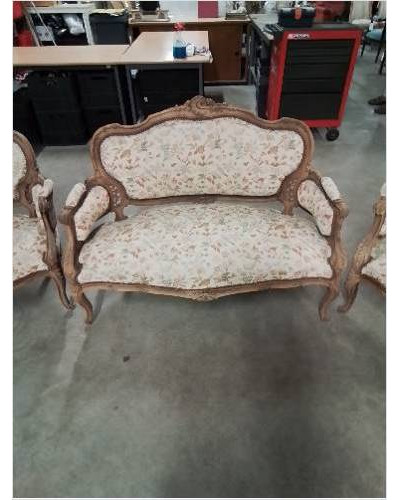 SALON 3 PIÈCES BOIS NATUREL CAPITONNÉ TISSU ECRU FLEURI STYLE LOUIS XV FIN XIXE