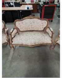 SALON 3 PIÈCES BOIS NATUREL CAPITONNÉ TISSU ECRU FLEURI STYLE LOUIS XV FIN XIXE