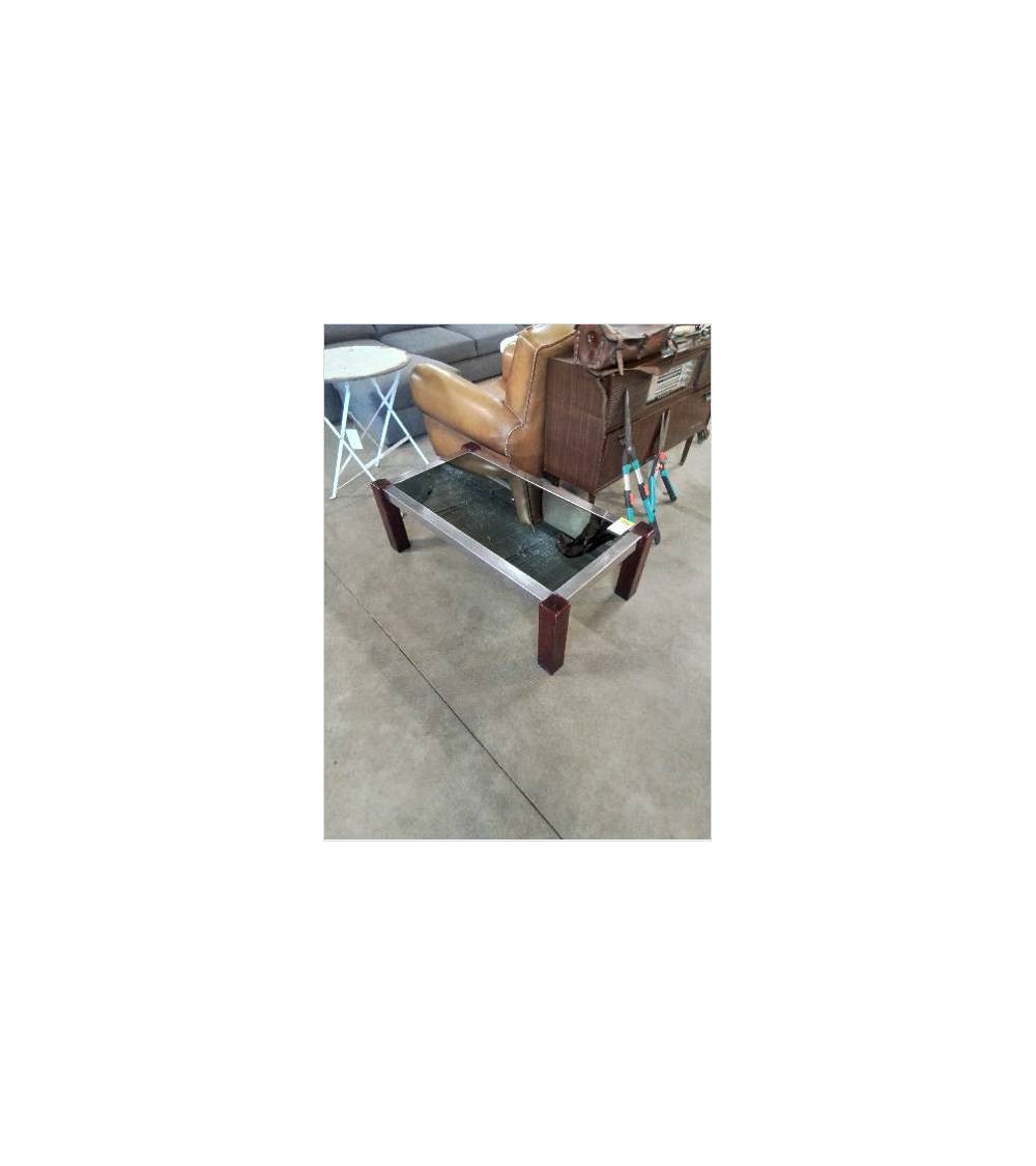 TABLE BASSE RECTANGULAIRE BOIS ET MÉTAL CHROMÉ PLATEAU VERRE TEINTÉ ANNÉES 70