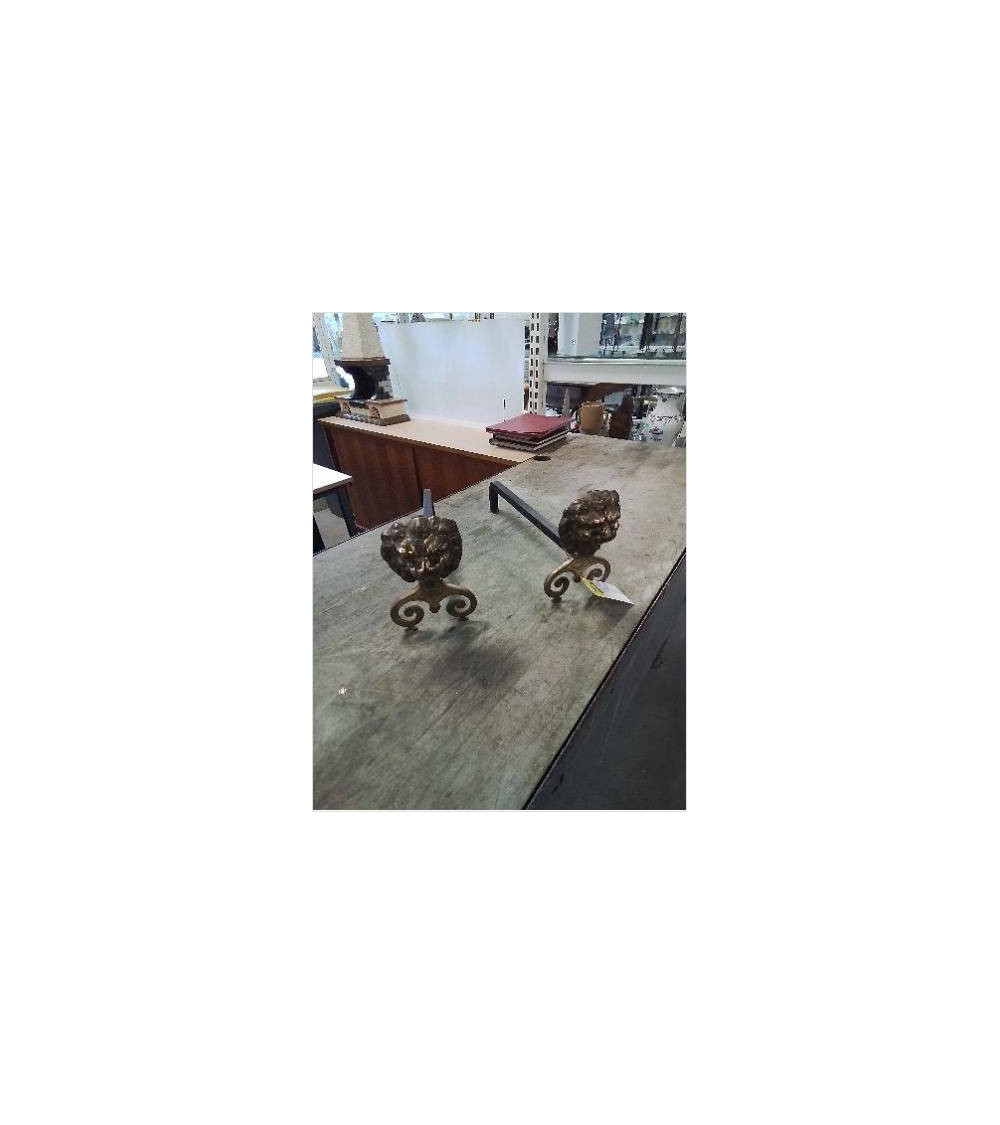 PAIRE DE CHENETS TÊTE DE LION BRONZE ET FER FORGE FONDERIE MR XXE