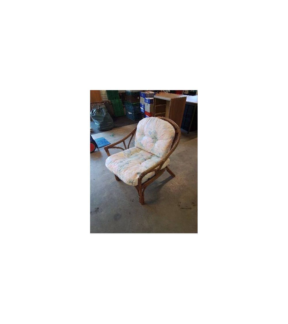 FAUTEUIL ROTIN COUSSINS TISSU FLEURI ANNÉES 70