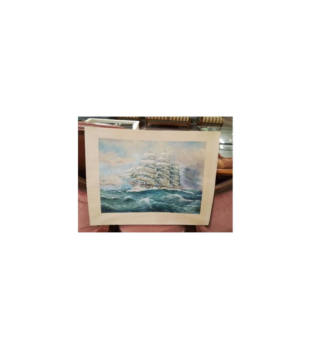 AQUARELLE TROIS  MATS SOUS VOILE M BOSQUET 1937 