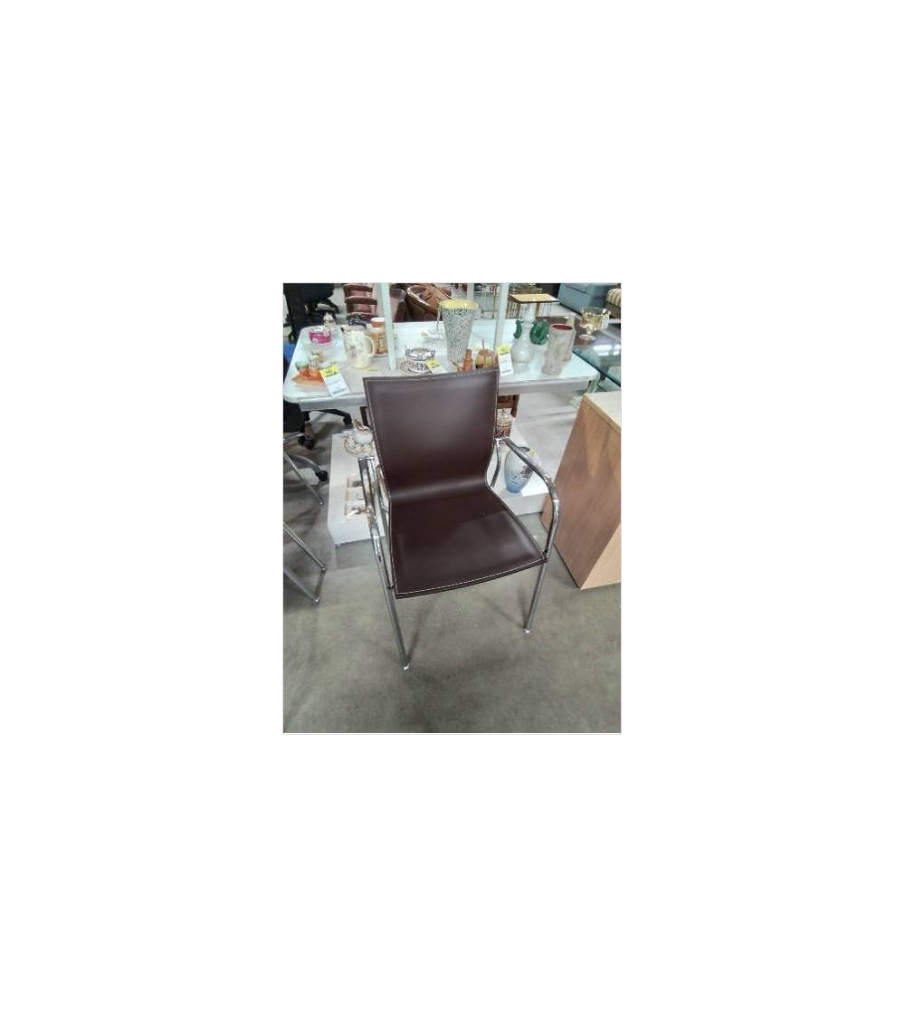 FAUTEUIL PIÈTEMENT METAL CHROMÉ ASSISE CUIR CHOCOLAT 