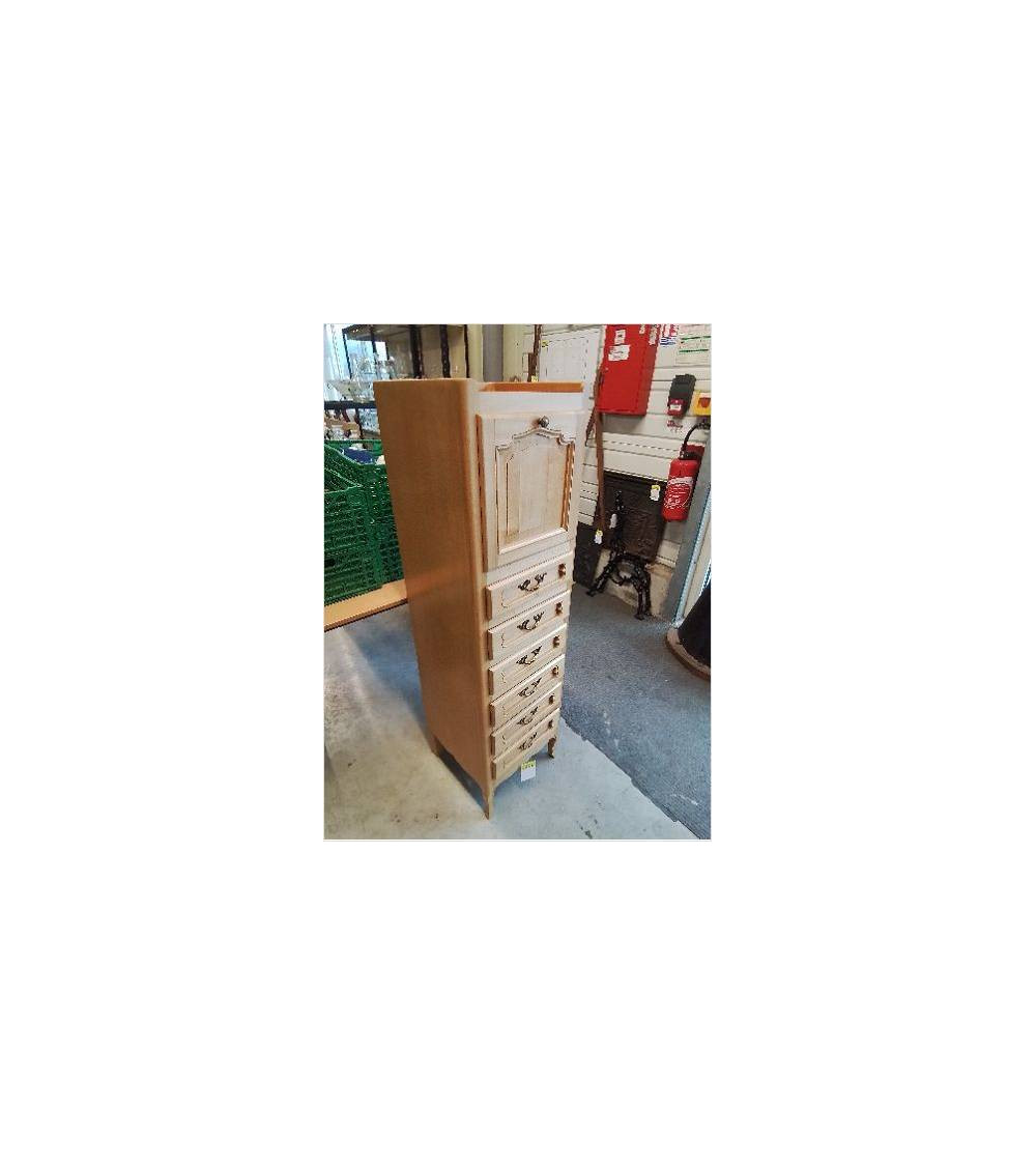 MEUBLE SECRÉTAIRE BOIS CLAIR MOULURÉ 6 TIROIRS 1 PORTE STYLE RÉGENCE 