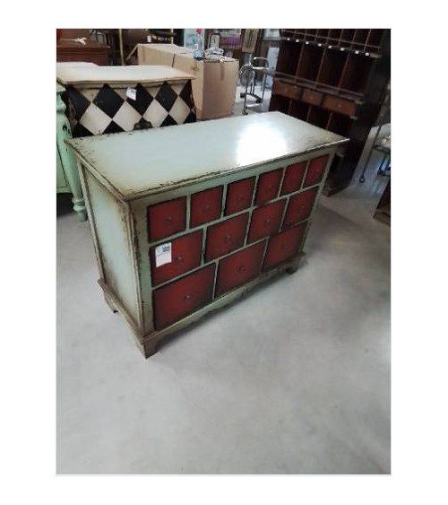 COMMODE ACAJOU   LAQUE  VERT 13 TIROIRS ROUGE PLATEAU MDF B 008