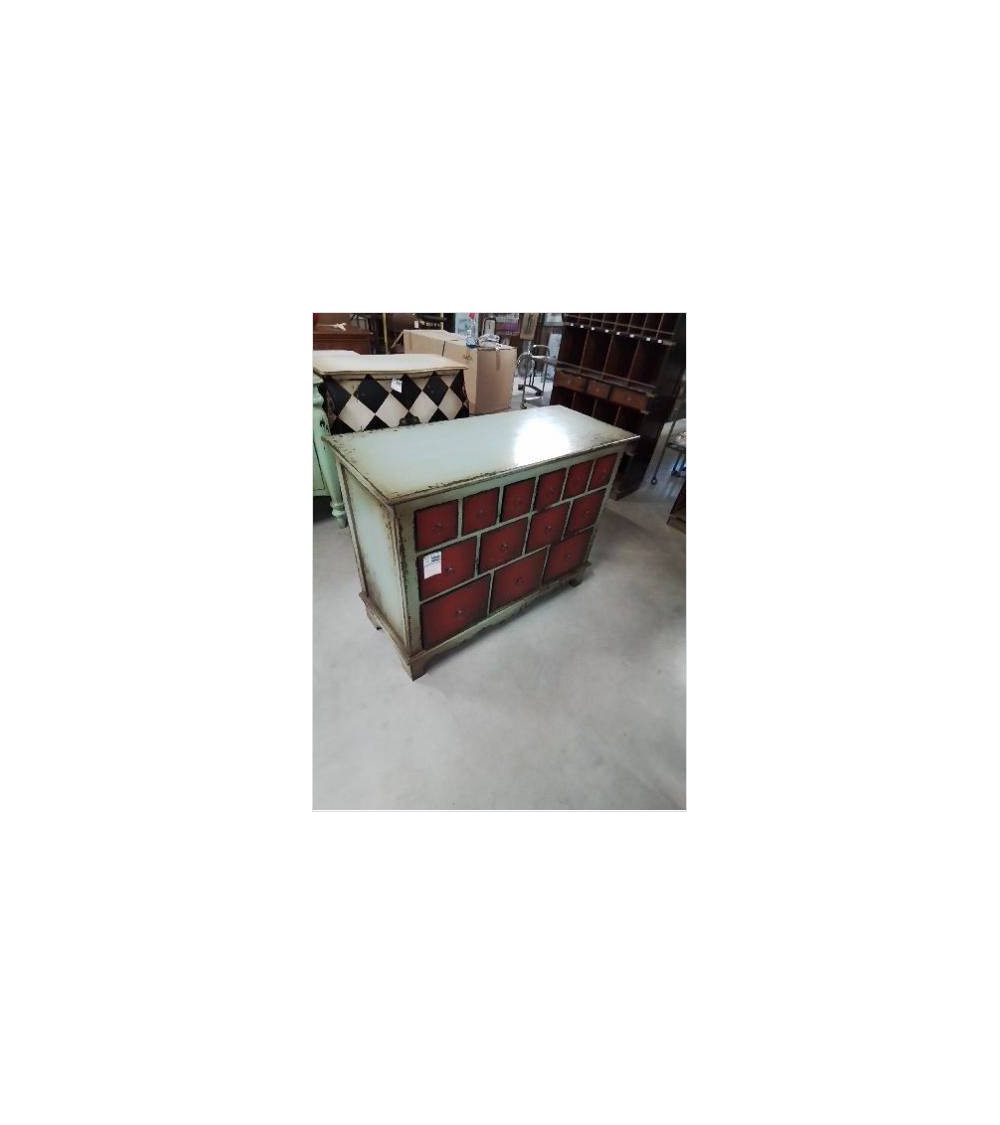 COMMODE ACAJOU   LAQUE  VERT 13 TIROIRS ROUGE PLATEAU MDF B 008