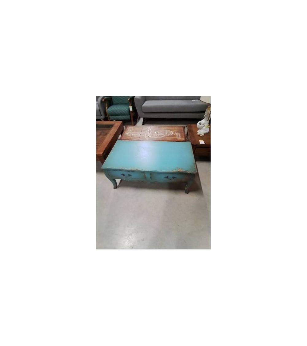 TABLE BASSE STYLE REGENCE  ACAJOU LAQUE  BLEU 2 TIROIRS PLATEAU MDF B 020
