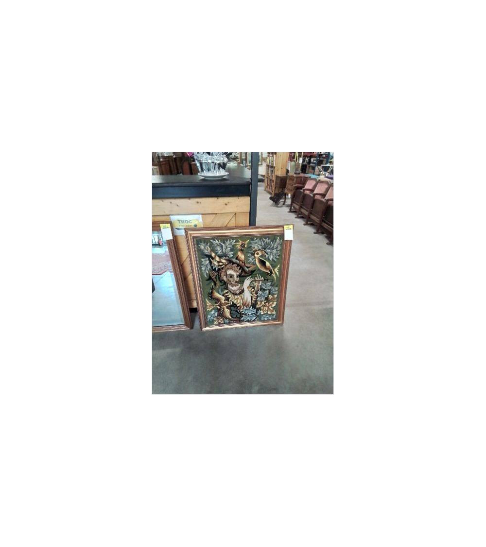 TAPISSERIE LE JOUEUR DE FLUTE ANNIE BOUQUET  CADRE MOULURÉ DORÉ