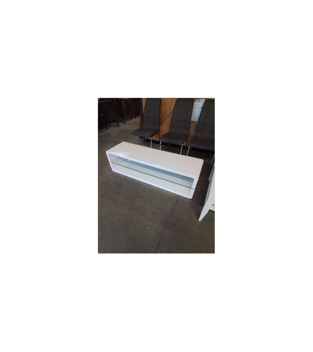 MEUBLE TV BAS BOIS BLANC LAQUÉ 1 TABLETTE VERRE 