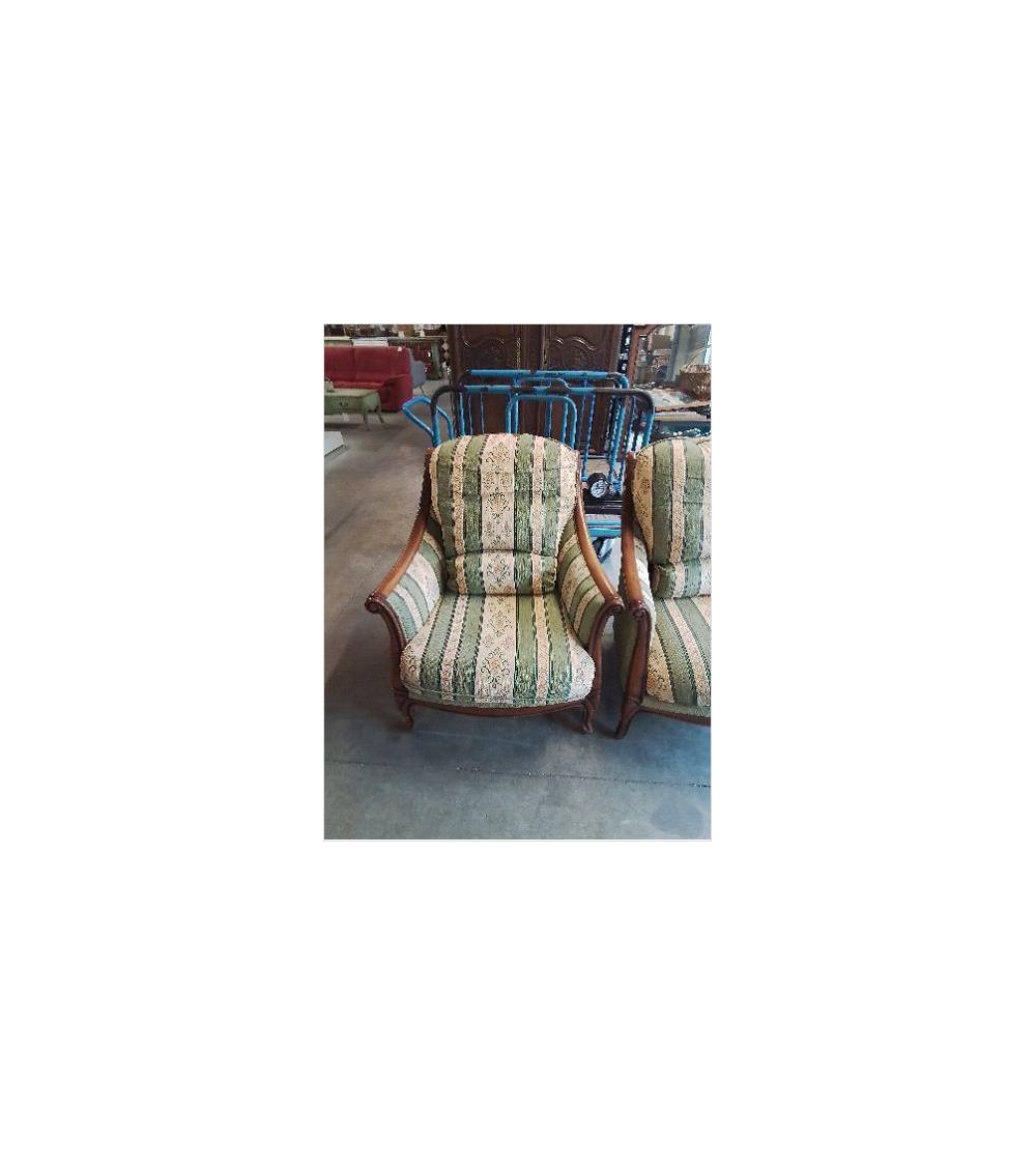 PAIRE DE FAUTEUILS  BOIS  TISSU VERT ET JAUNE A RAYURES
