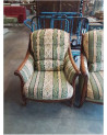 PAIRE DE FAUTEUILS  BOIS  TISSU VERT ET JAUNE A RAYURES