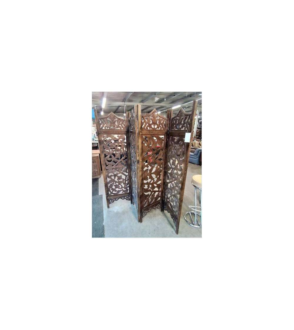 PARAVENT 4 VANTAUX BOIS SCULPTÉ AUX FEUILLES 