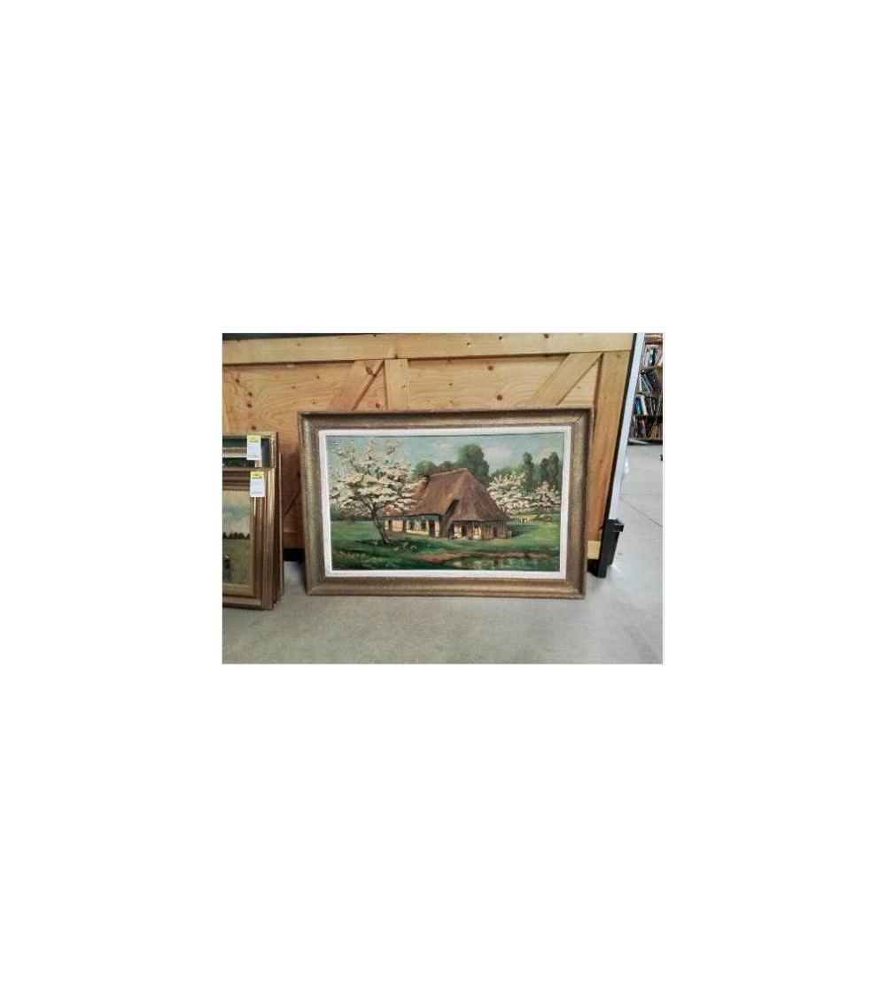 HUILE SUR TOILE CHAUMIÈRE AUX POMMIERS FLEURIS