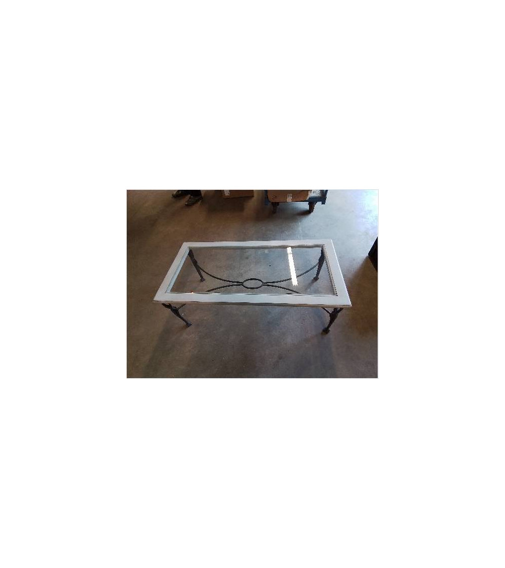 TABLE BASSE RECTANGULAIRE PLATEAU VERRE ET BOIS PIÈTEMENT MÉTAL 