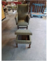 FAUTEUIL A OREILLES ET REPOSE PIEDS BOIS ET TISSU BRONZE 