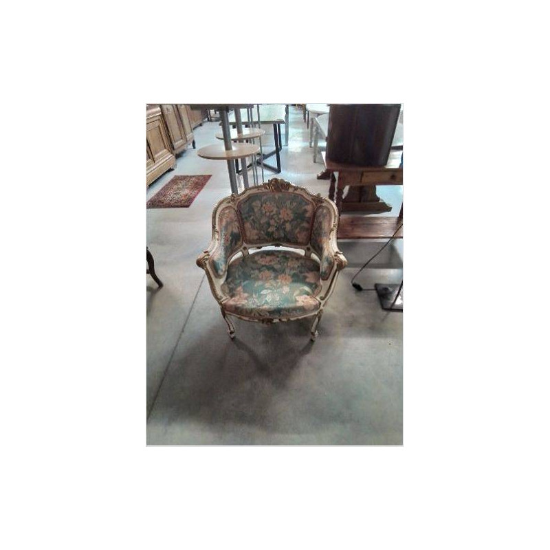 BERGERE BOIS PEINT BEIGE ET DORE TISSU FLEURI 