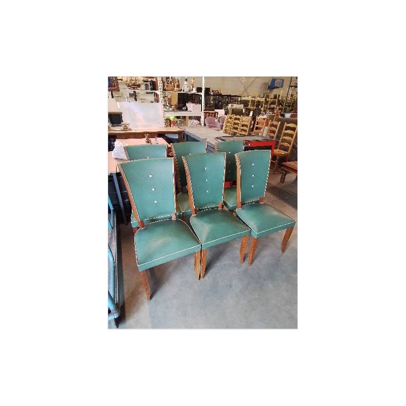 6 CHAISES BOIS ASSISE ET DOSSIER CAPITONNÉ SKAÏ VERT ANNÉES 50