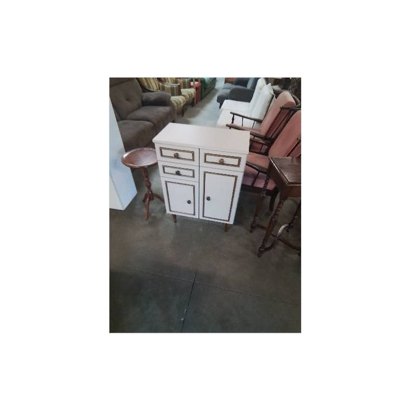 BUFFET DE CUISINE 3 TIROIRS 2 PORTES BOIS BLANC LISERÉ DORÉ 
