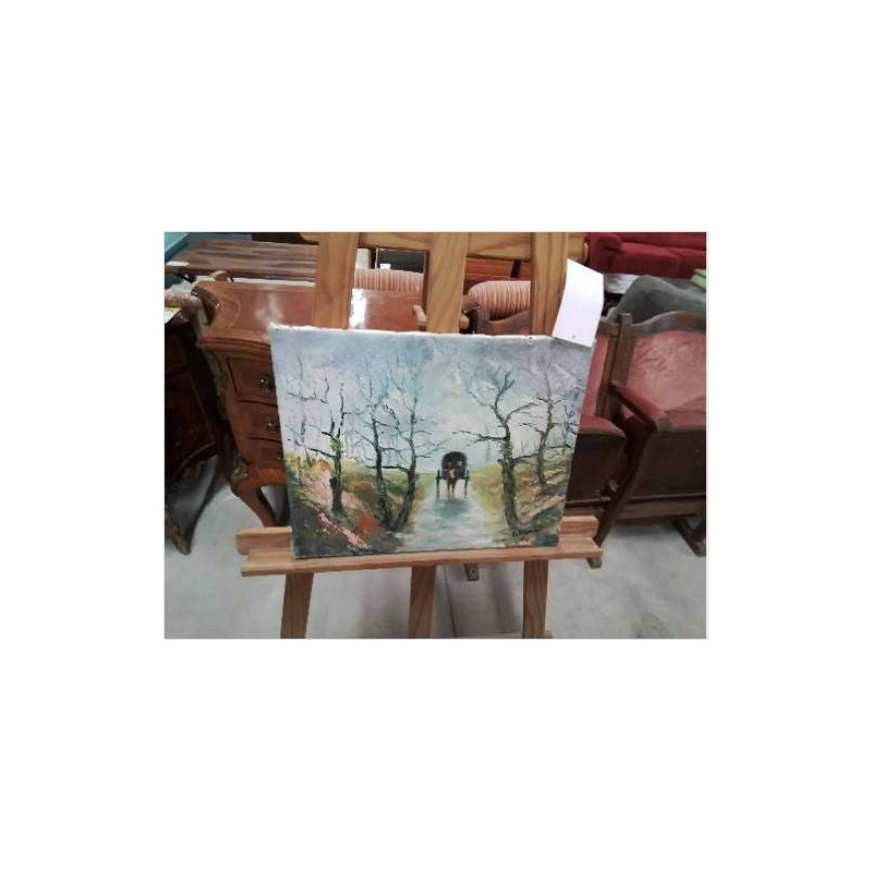 HUILE SUR TOILE CHARETTE  SUR LE CHEMIN P PORET