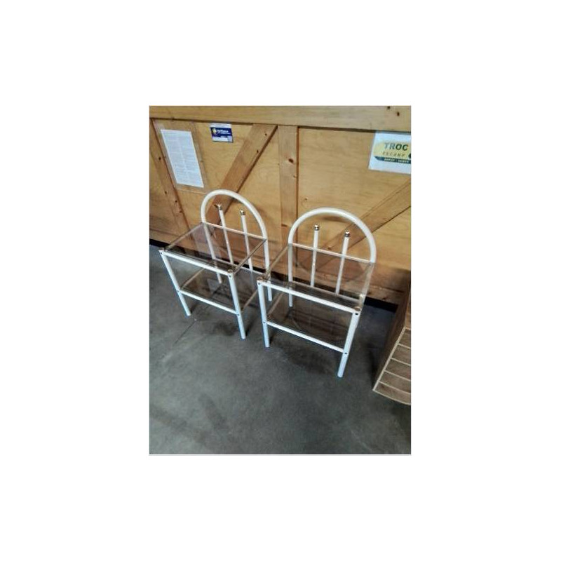 CHEVET PIÈTEMENT MÉTAL BLANC 2 PLATEAUX VERRE FUMÉ 