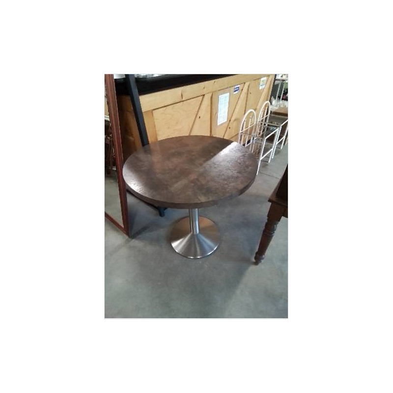 TABLE RONDE PIÈTEMENT MÉTAL CHROMÉ PLATEAU BOIS CHOCOLAT 80X78CM