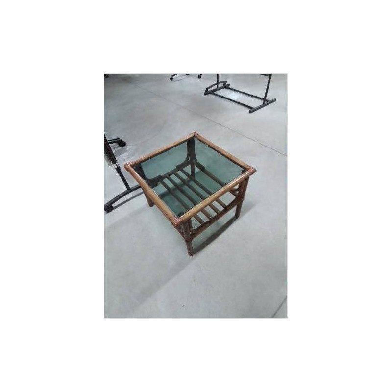 TABLE BASSE CARRÉ PIÈTEMENT ROTIN PLATEAU VERRE FUMÉ 